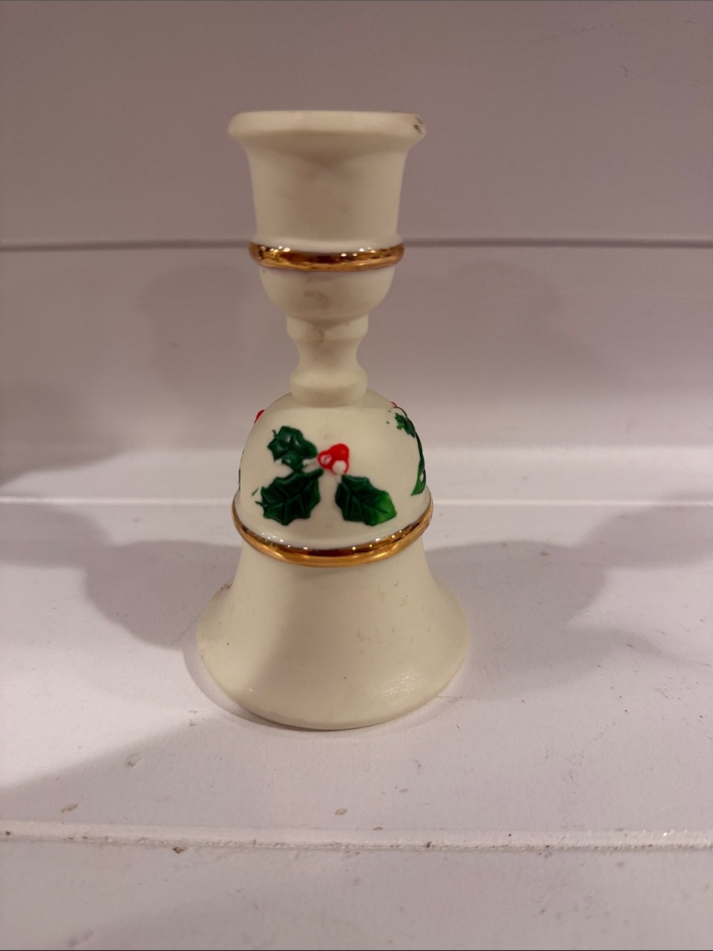 PartyLite Cream Ceramic Holiday Bell with Holly and Gold Trim